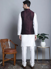 Men's Woven Design Nehru Jacket With Kurta Pyjama Set-4085Maroon