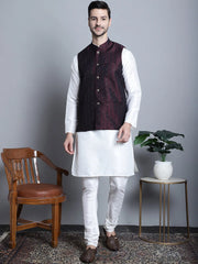 Men's Woven Design Nehru Jacket With Kurta Pyjama Set-4085Maroon