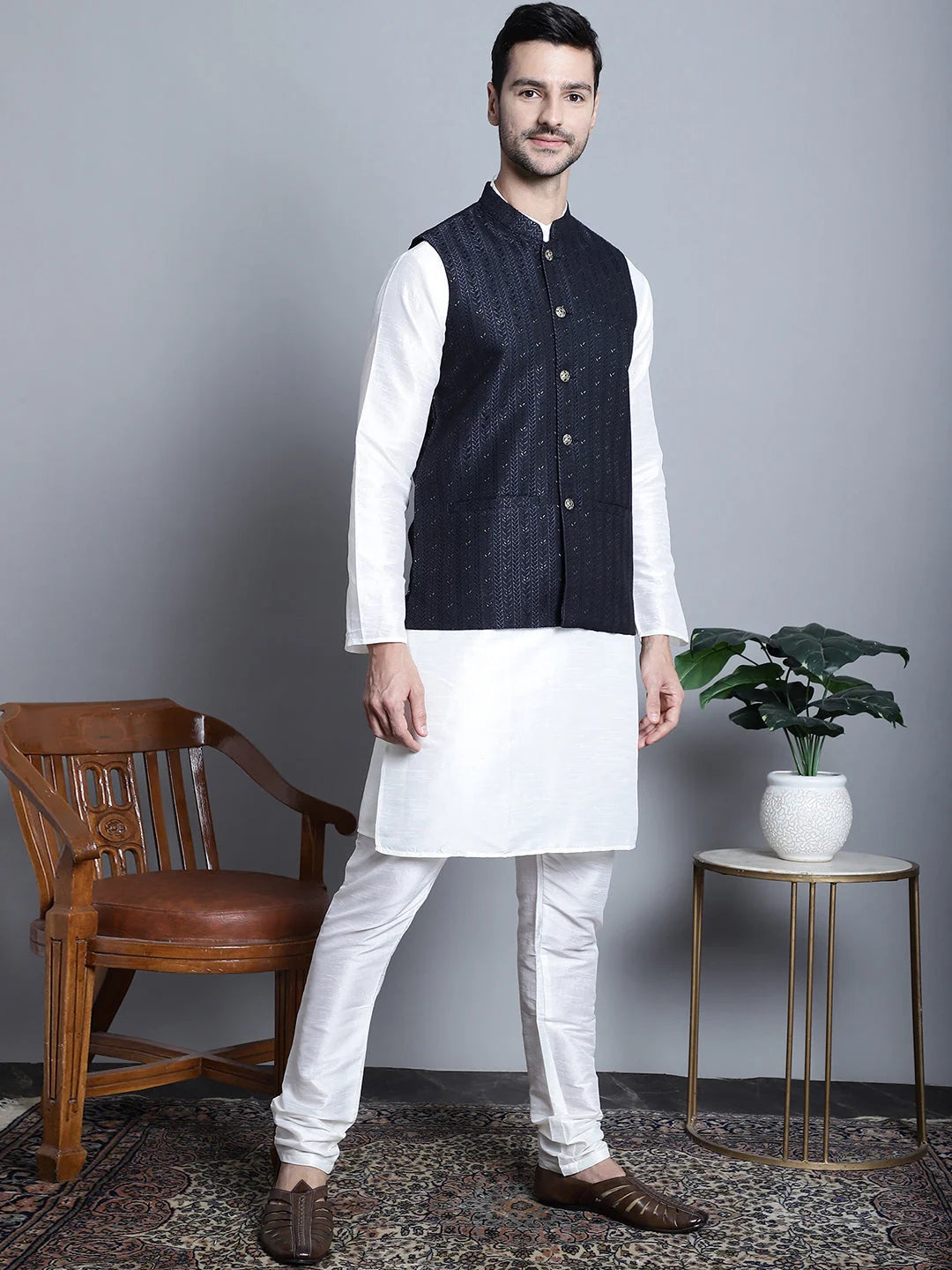 Men's Woven Design Kurta Pajama Set | Nehru Jacket - Cotton