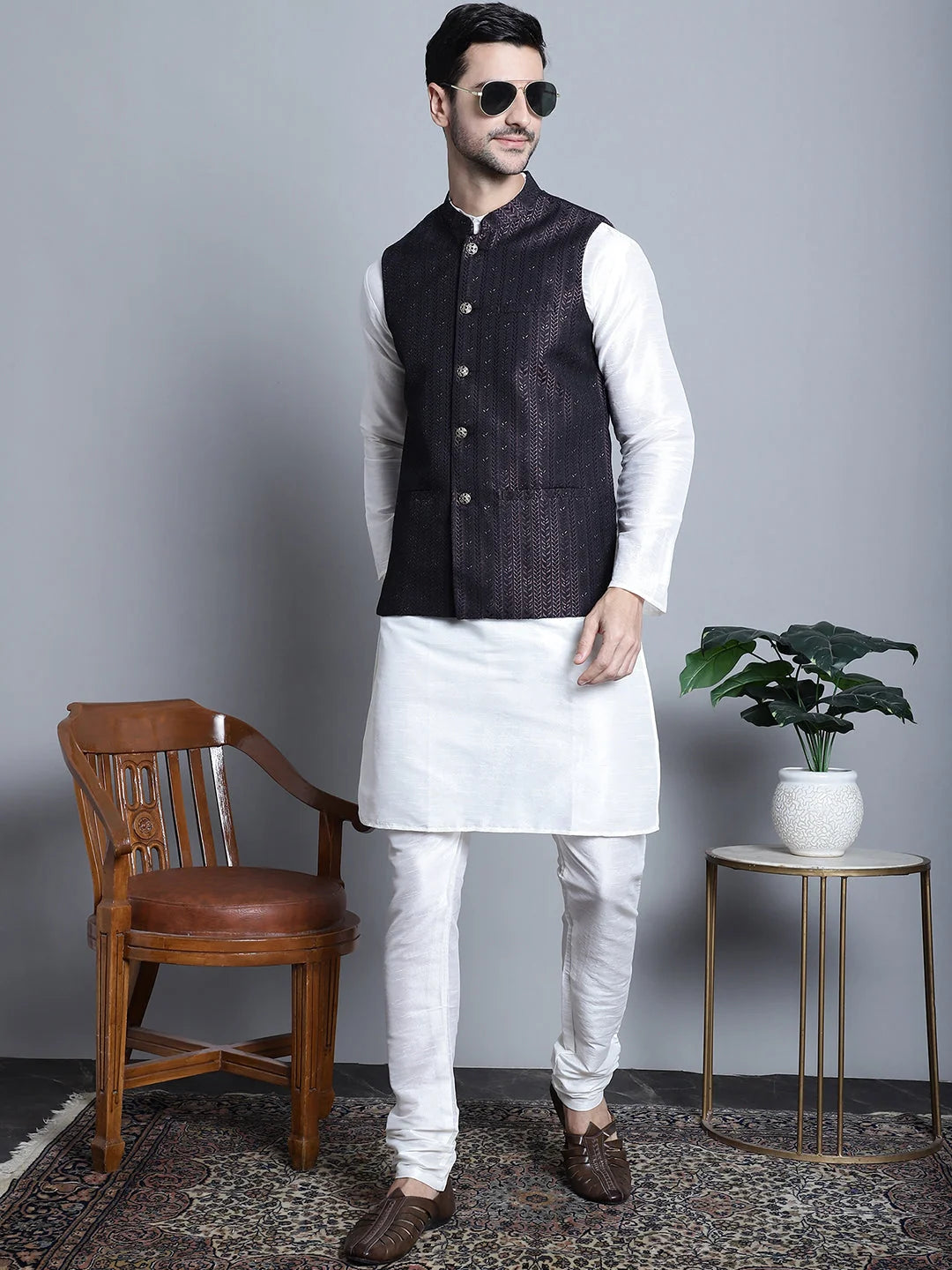 Men's Woven Design Cotton Kurta Pajama Set | Nehru Jacket