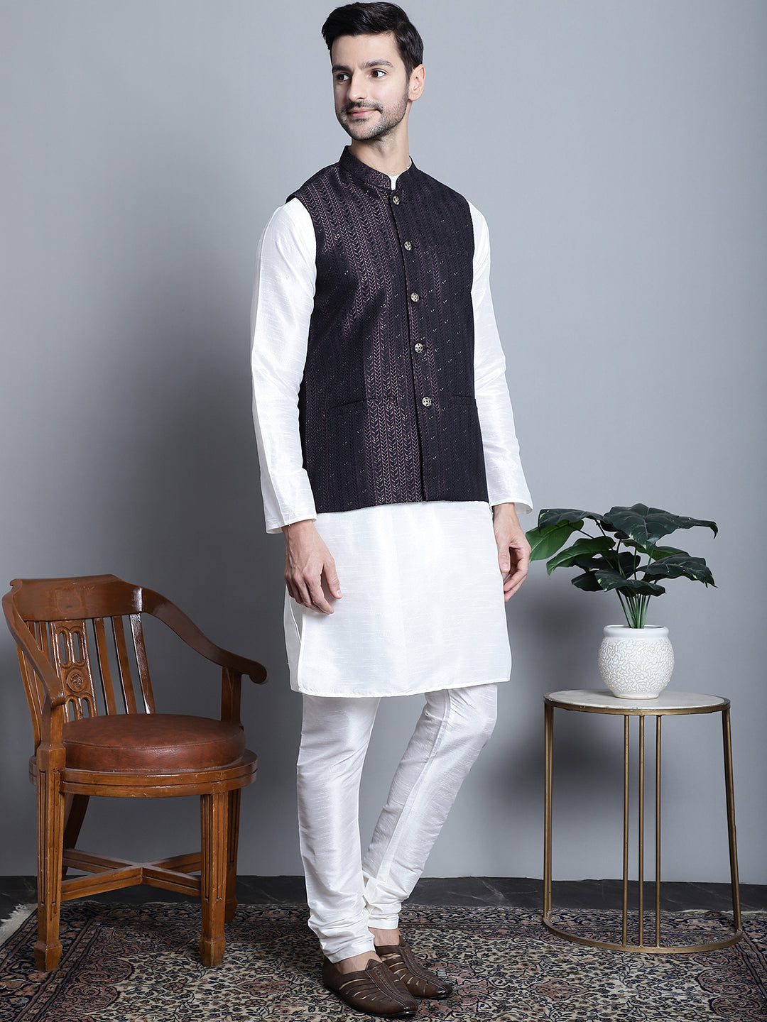 Men's Woven Design Cotton Kurta Pajama Set | Nehru Jacket