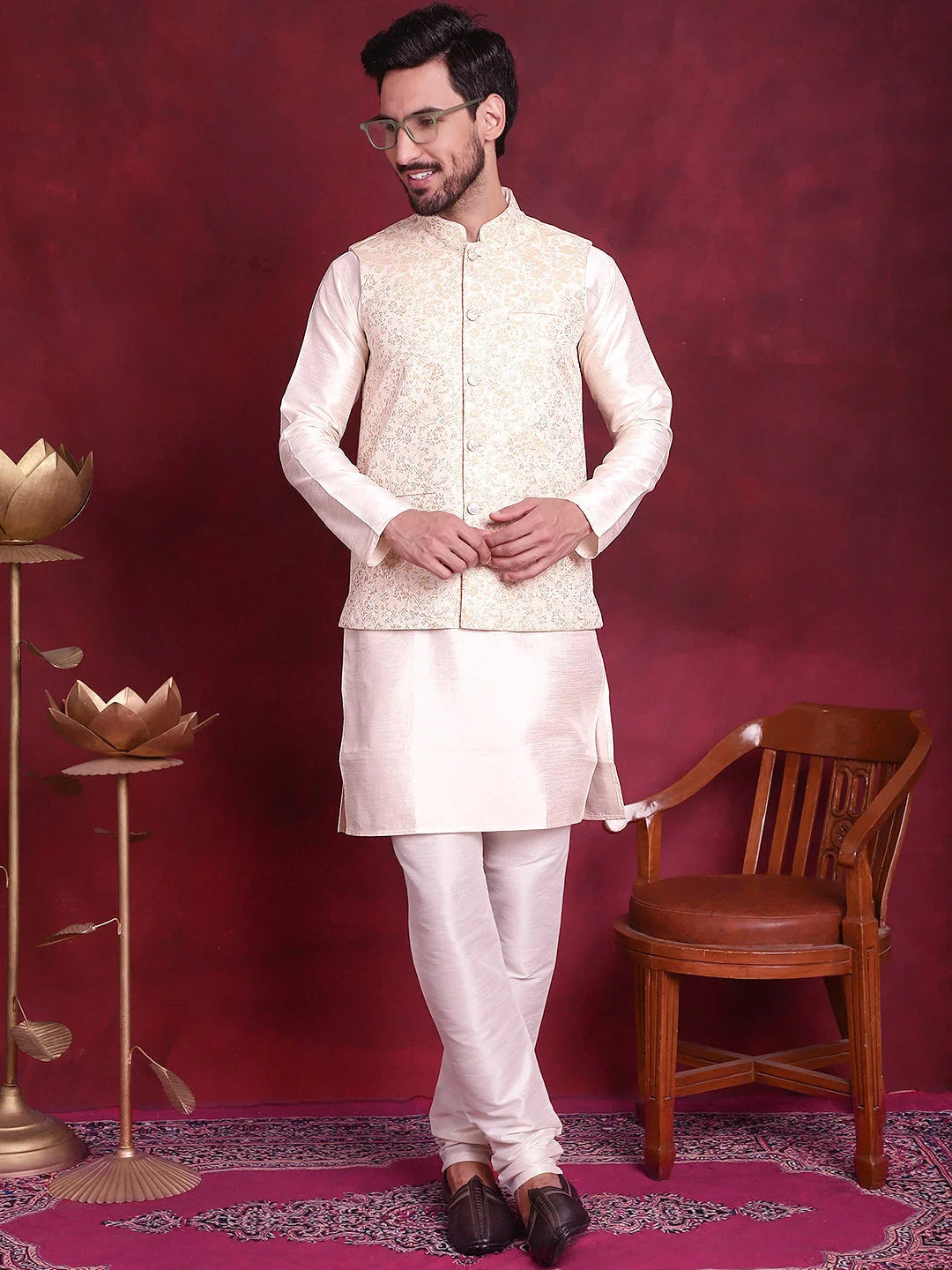 Cream Cotton Mens Kurta Pajama Set - Woven Nehru Jacket Design