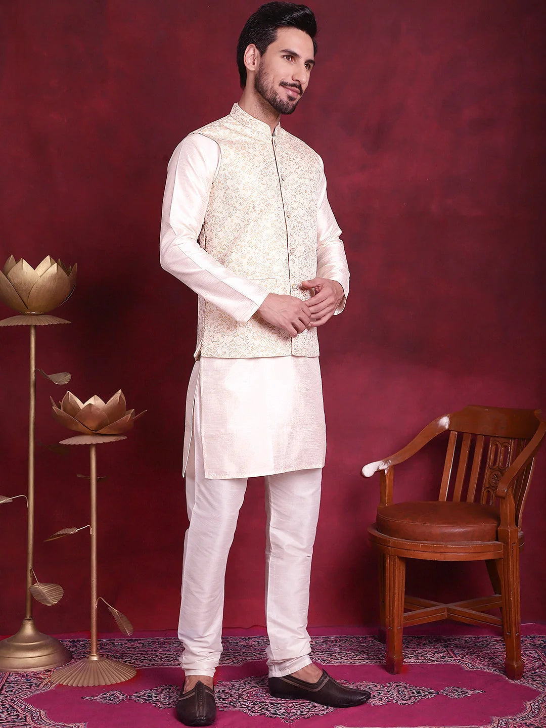 Cream Cotton Mens Kurta Pajama Set - Woven Nehru Jacket Design