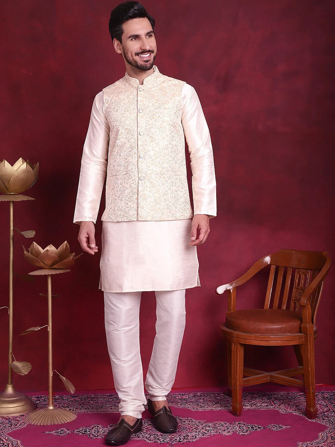 Cream Cotton Mens Kurta Pajama Set - Woven Nehru Jacket Design