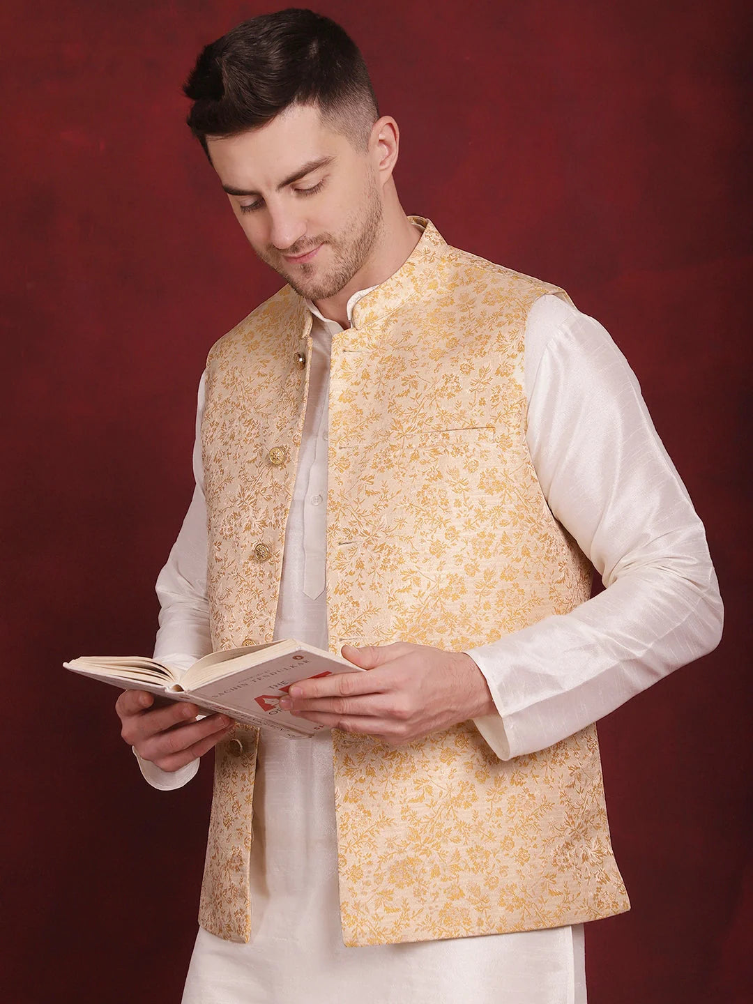 Golden Woven Nehru Jacket Mens Kurta Pajama Set - Cotton