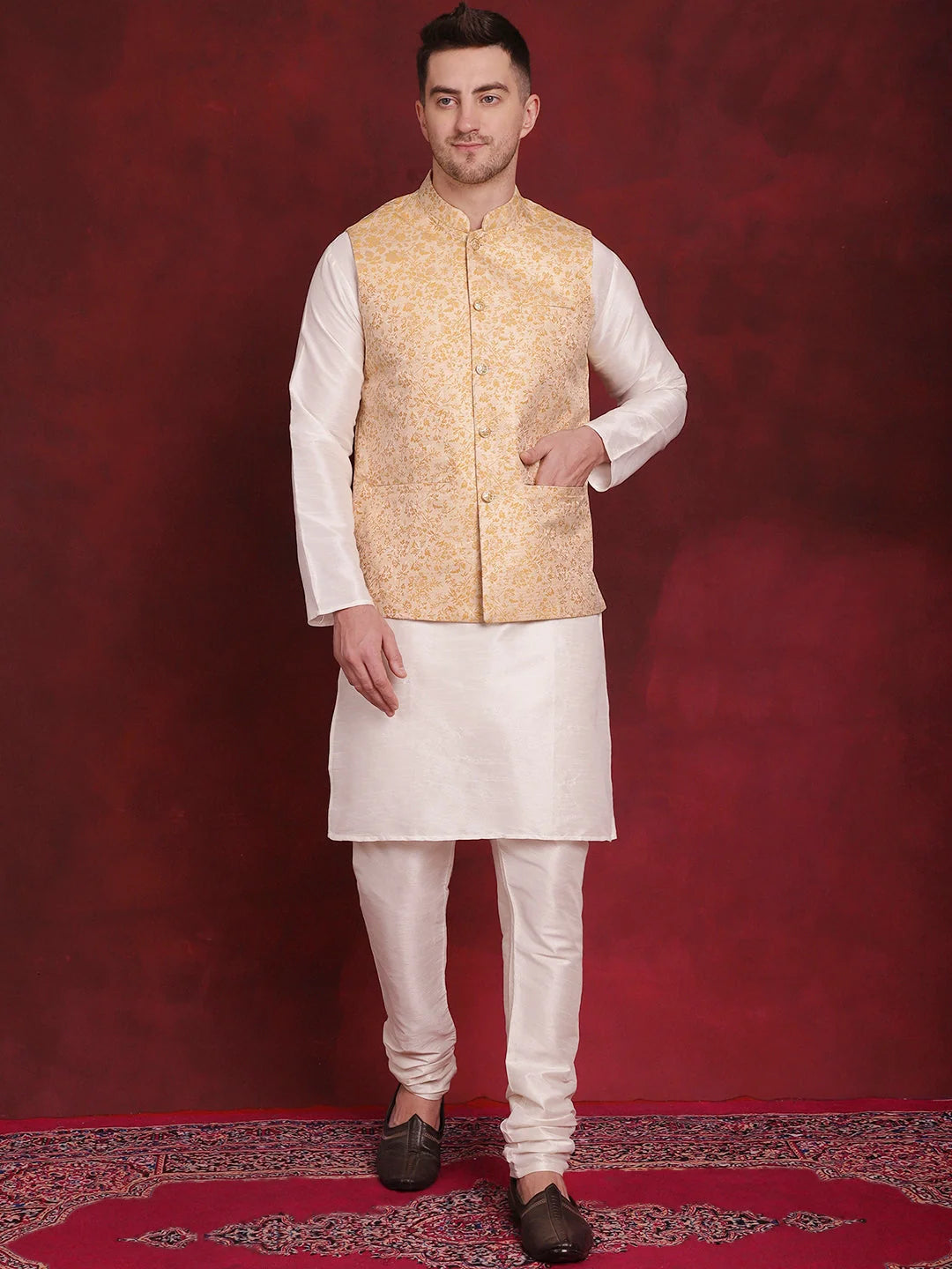 Golden Woven Nehru Jacket Mens Kurta Pajama Set - Cotton