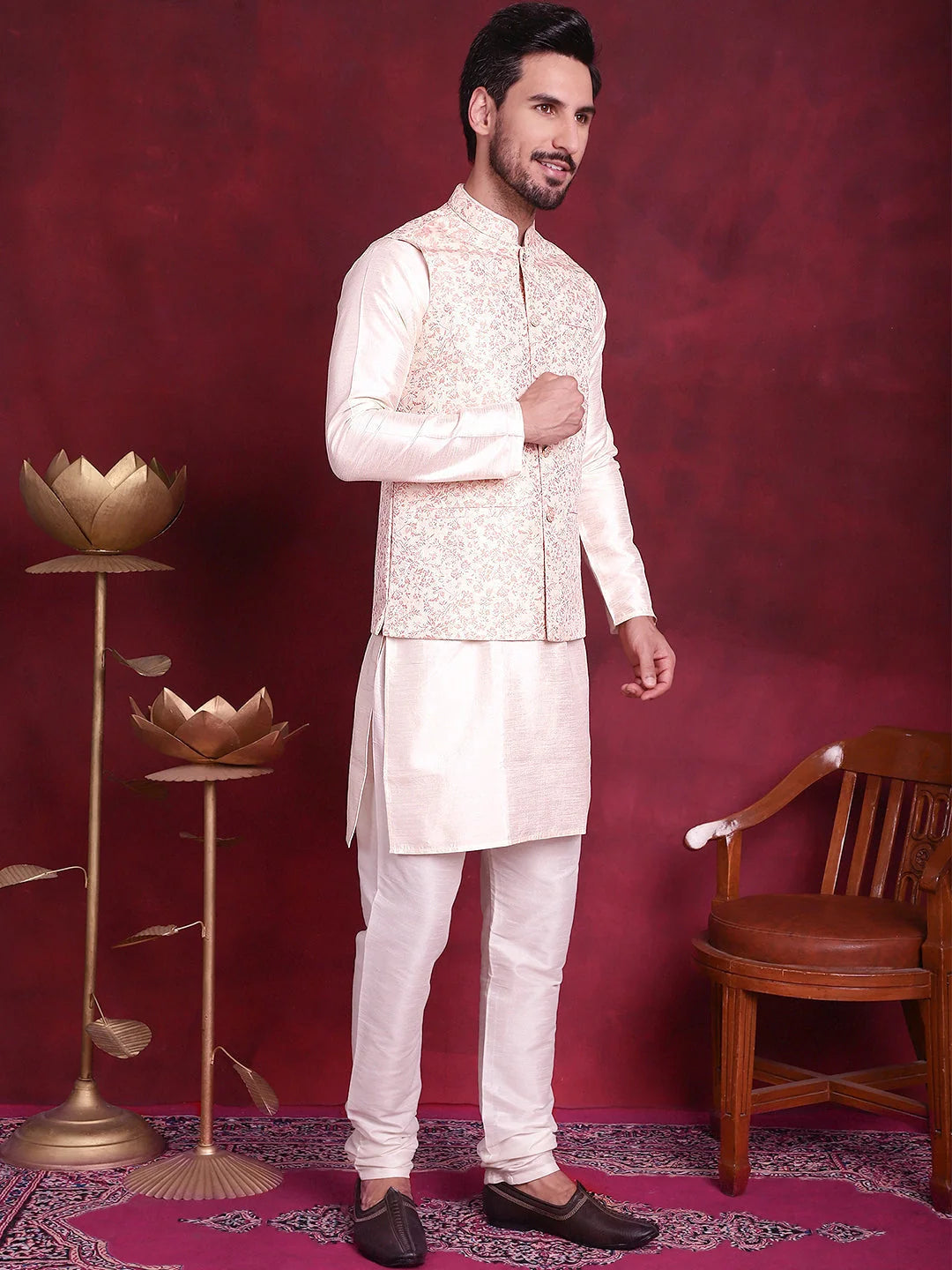Pink Nehru Jacket Mens Kurta Pajama Set - Cotton Woven Design