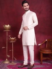 Woven Design Nehru Jacket With Kurta Pyjama Set ( JOKPWC 636W 4087 Pink )