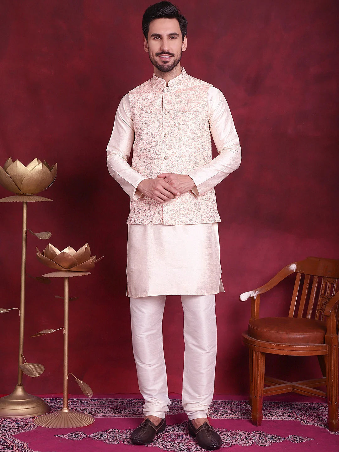 Pink Nehru Jacket Mens Kurta Pajama Set - Cotton Woven Design