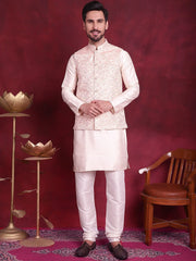 Woven Design Nehru Jacket With Kurta Pyjama Set ( JOKPWC 636W 4087 Pink )
