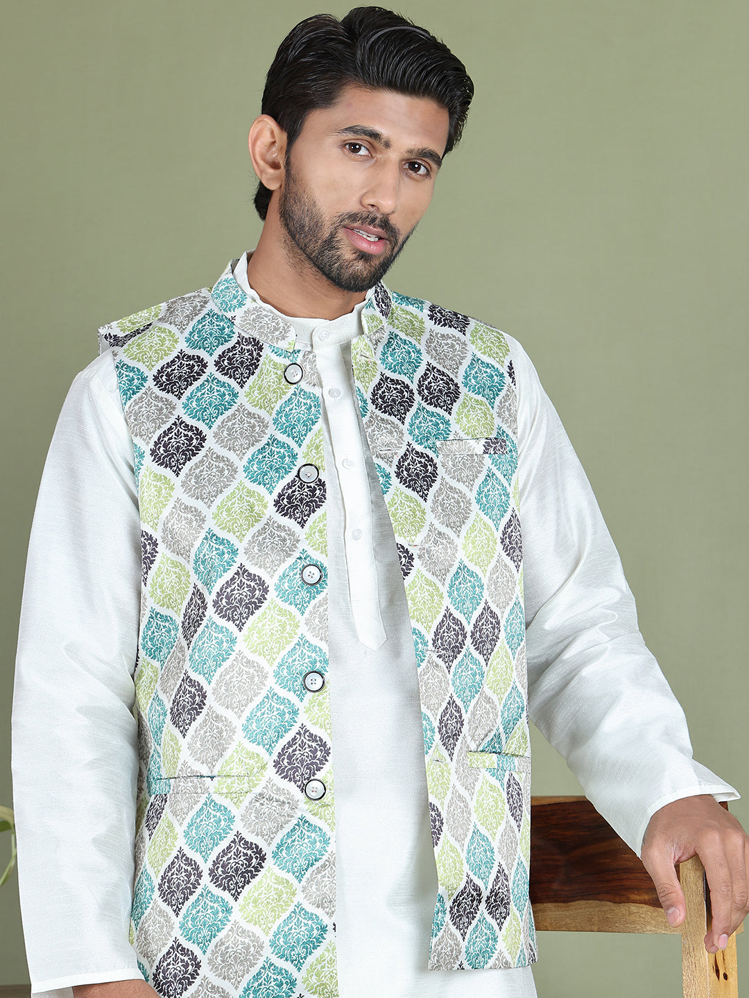 DesiQlo Men Printed Nehru Jacket and Kurta Pyjama Set - - JO 0green