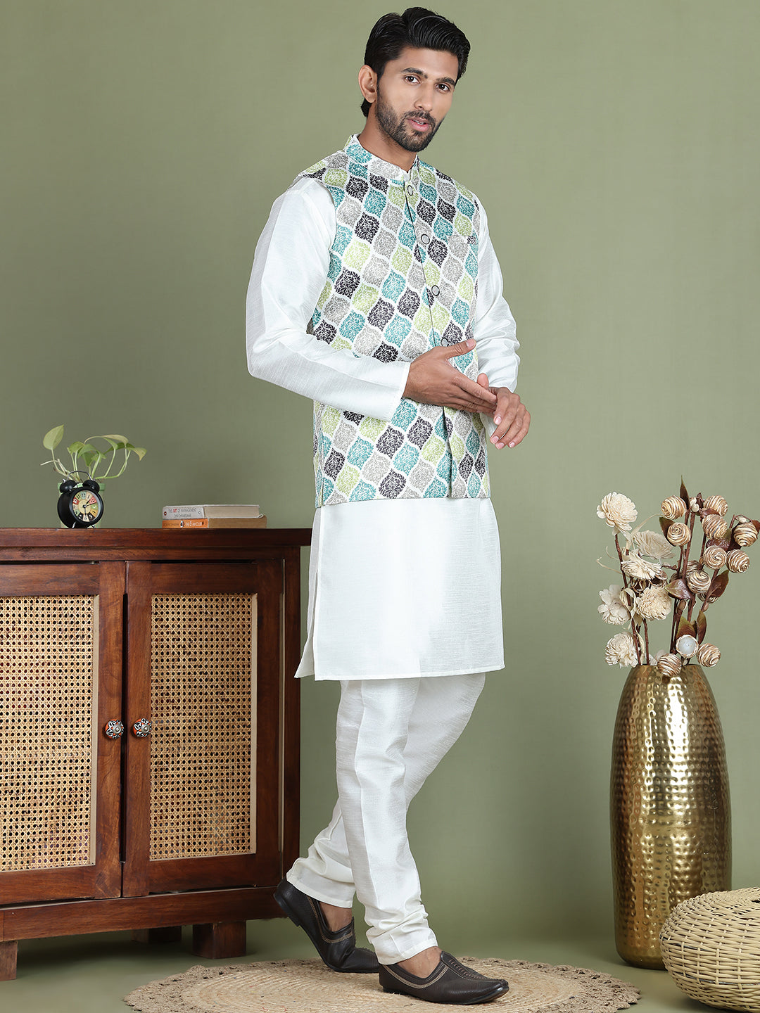 DesiQlo Men Printed Nehru Jacket and Kurta Pyjama Set - - JO 0green