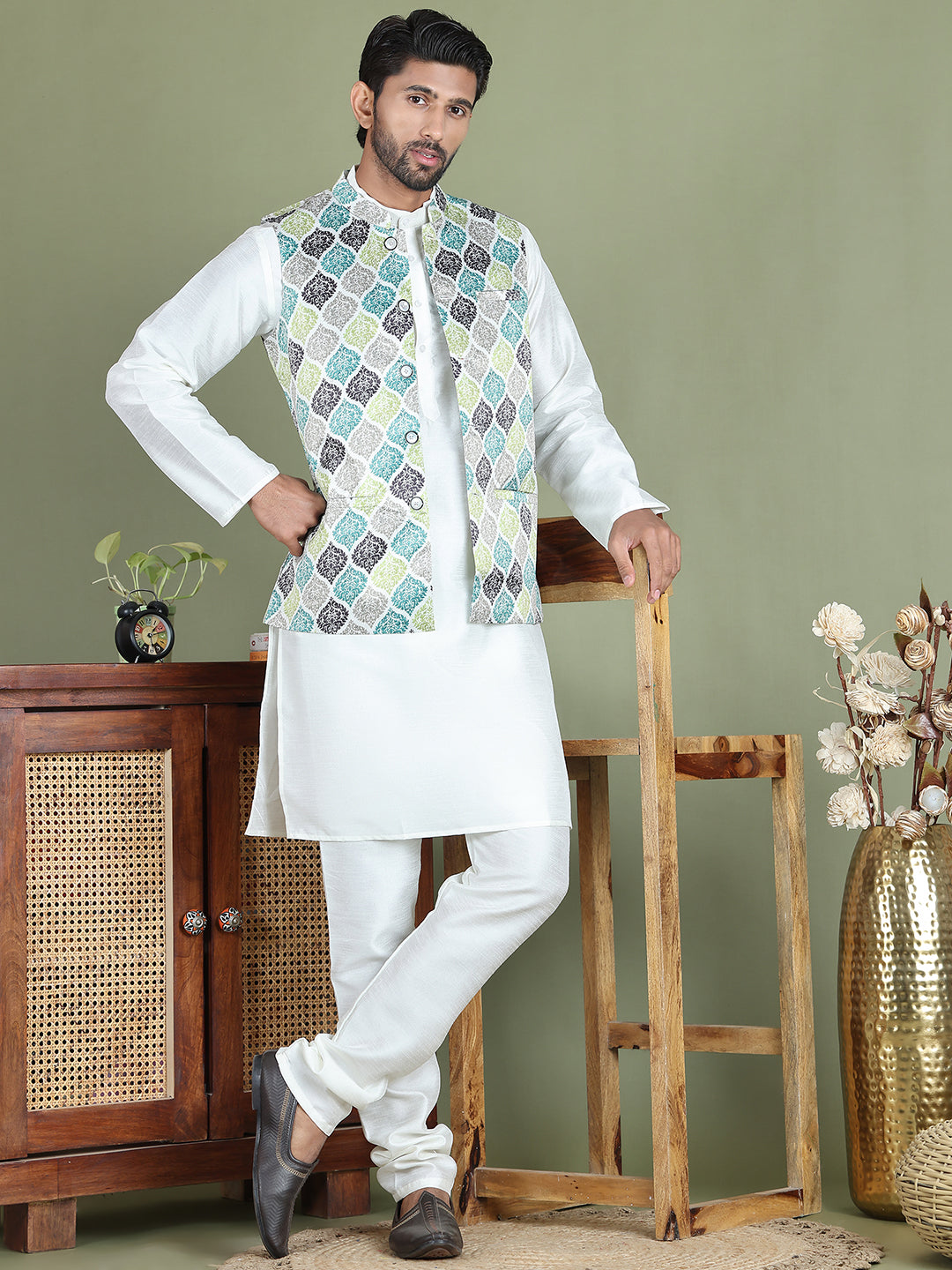 DesiQlo Men Printed Nehru Jacket and Kurta Pyjama Set - - JO 0green