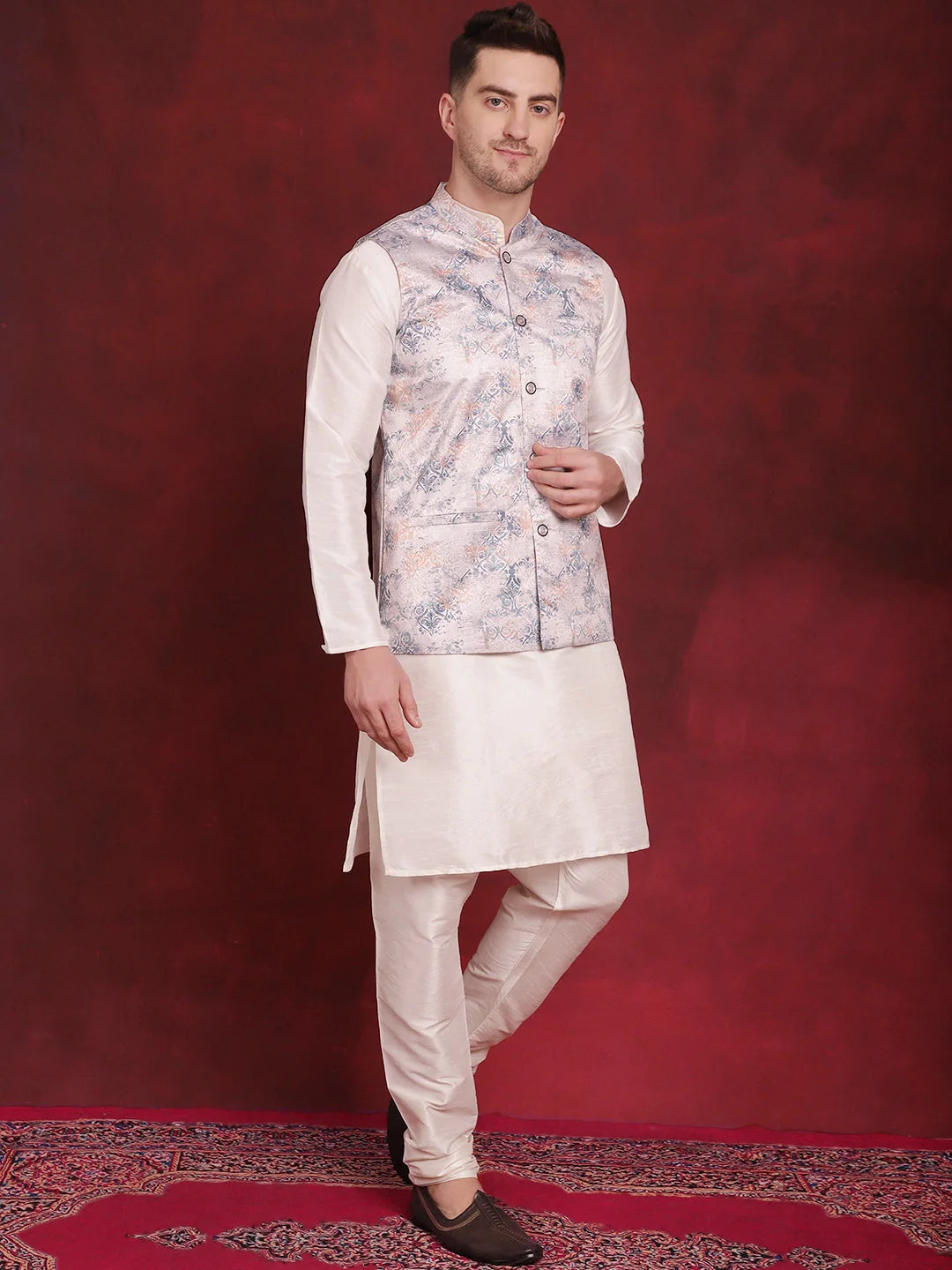 Silver Floral Nehru Jacket with Kurta Pajama Set | Cotton