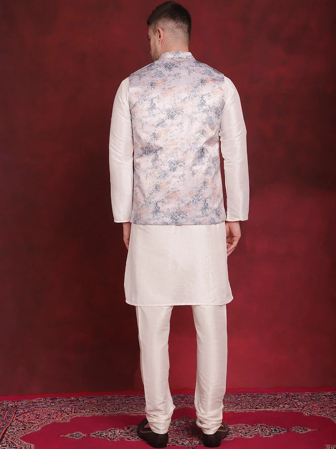 Silver Floral Nehru Jacket with Kurta Pajama Set | Cotton