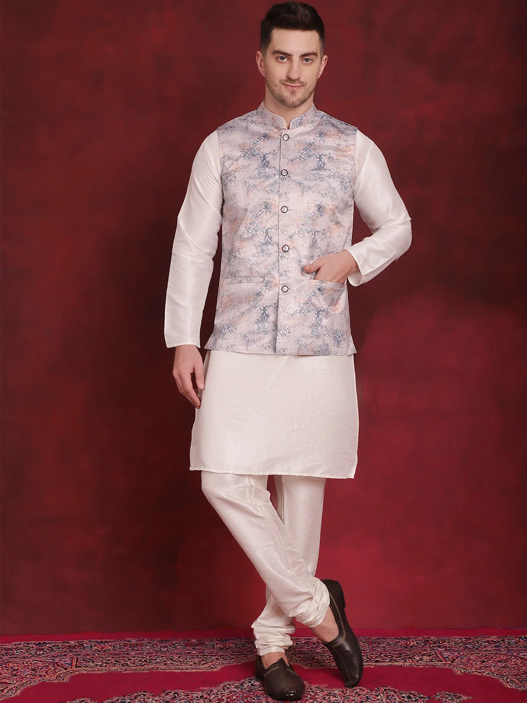 Silver Floral Nehru Jacket with Kurta Pajama Set | Cotton