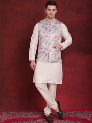 Silver Floral Printed Nehru Jacket With Kurta Pyjama Set ( JOKPWC 636W 4090Silver )