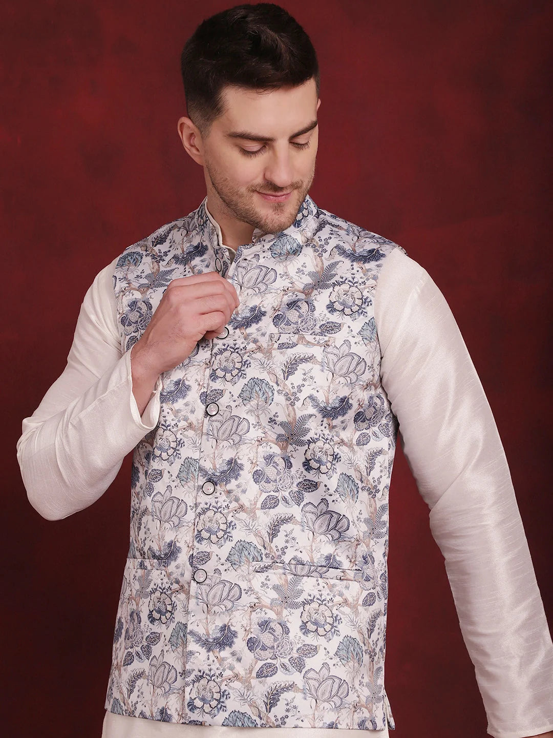 Trendy White Floral Nehru Jacket Kurta Pajama Set | Mens Kurta Pajama