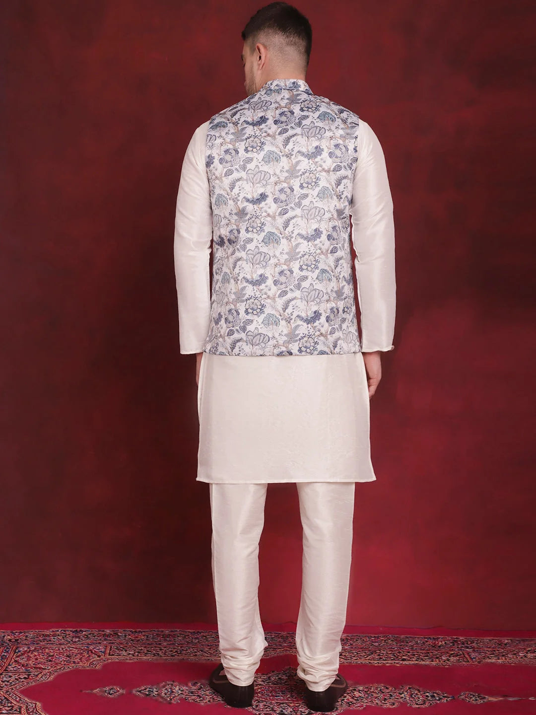 Trendy White Floral Nehru Jacket Kurta Pajama Set | Mens Kurta Pajama