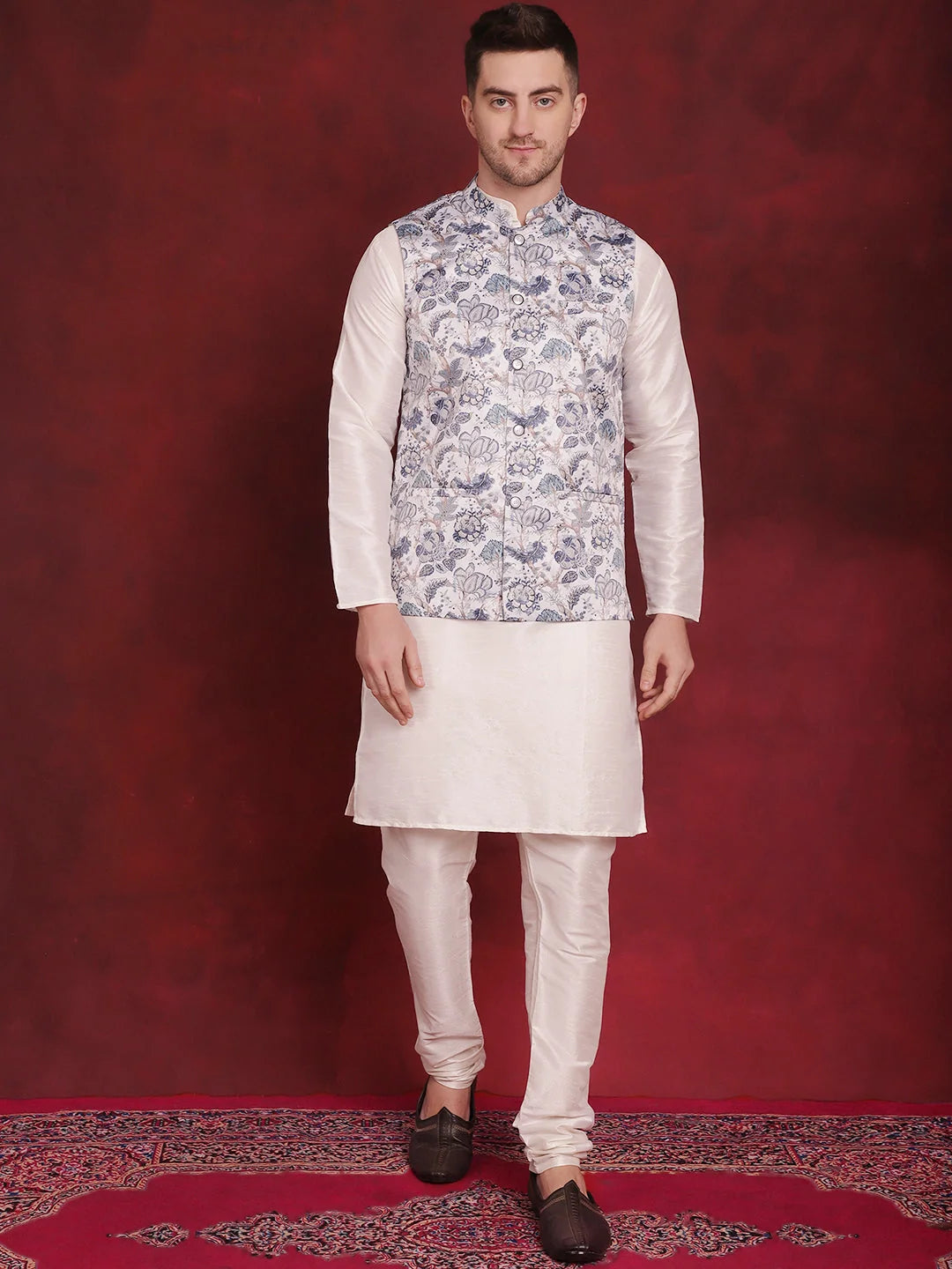 Trendy White Floral Nehru Jacket Kurta Pajama Set | Mens Kurta Pajama