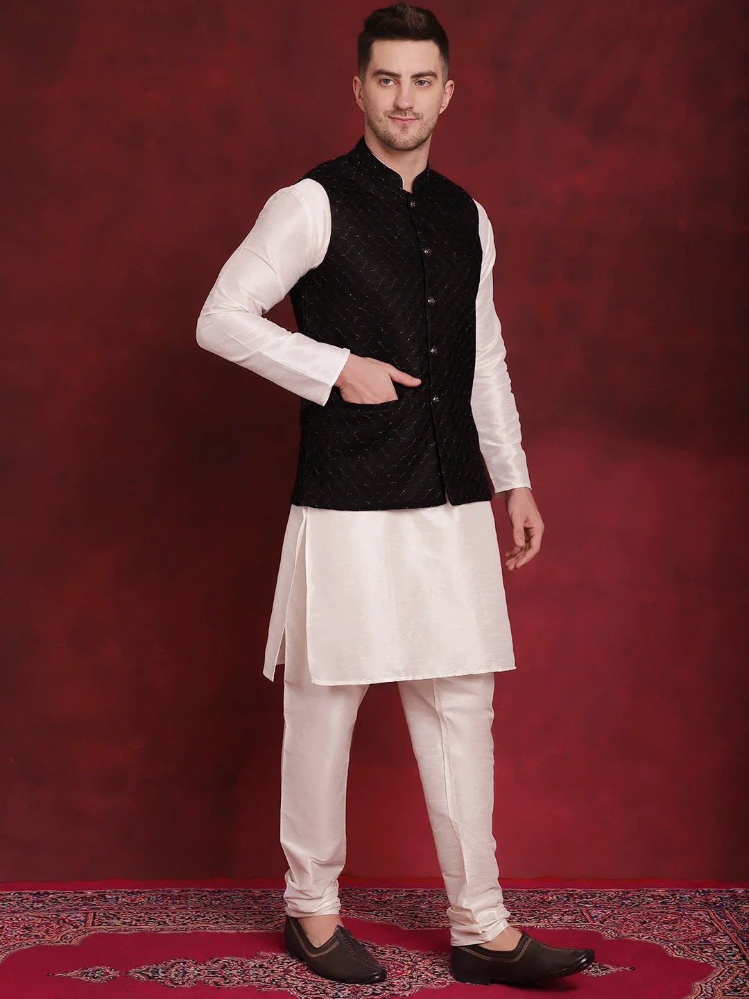 Black Woven Nehru Jacket Mens Kurta Pajama Set - Cotton