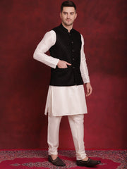 Black Woven Design Nehru Jacket With Kurta Pyjama Set ( JOKPWC 636W 4091Black )