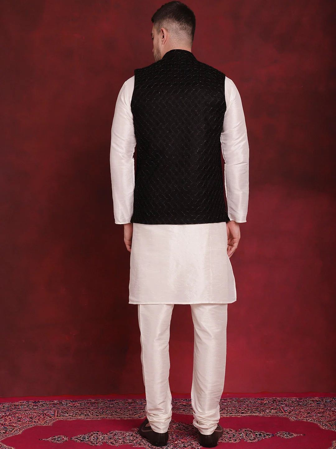 Black Woven Nehru Jacket Mens Kurta Pajama Set - Cotton