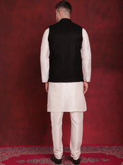 Black Woven Design Nehru Jacket With Kurta Pyjama Set ( JOKPWC 636W 4091Black )