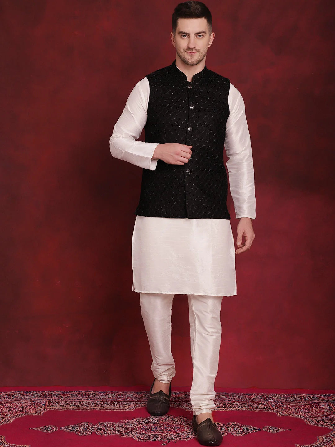 Black Woven Nehru Jacket Mens Kurta Pajama Set - Cotton