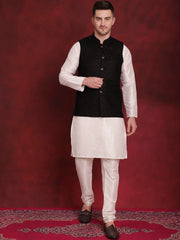 Black Woven Design Nehru Jacket With Kurta Pyjama Set ( JOKPWC 636W 4091Black )