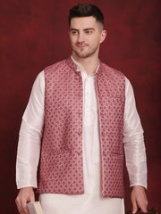 Coral Woven Design Nehru Jacket With Kurta Pyjama Set ( JOKPWC 636W 4091Coral )