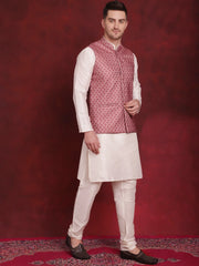 Coral Woven Design Nehru Jacket With Kurta Pyjama Set ( JOKPWC 636W 4091Coral )