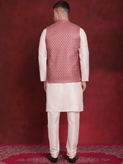 Coral Woven Design Nehru Jacket With Kurta Pyjama Set ( JOKPWC 636W 4091Coral )