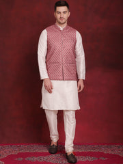 Coral Woven Design Nehru Jacket With Kurta Pyjama Set ( JOKPWC 636W 4091Coral )