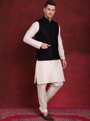 Navy Blue Woven Design Nehru Jacket With Kurta Pyjama Set ( JOKPWC 636W 4091Navy )
