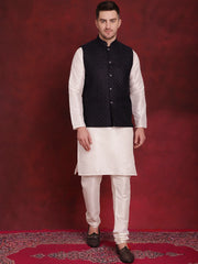 Navy Blue Woven Design Nehru Jacket With Kurta Pyjama Set ( JOKPWC 636W 4091Navy )