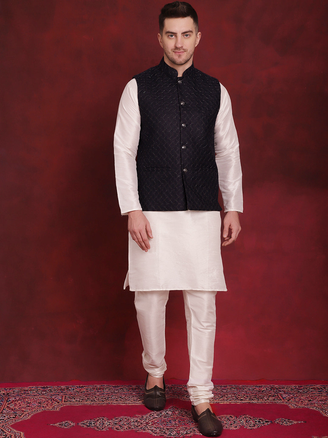 Navy Blue Nehru Jacket Mens Kurta Pajama Set - Cotton