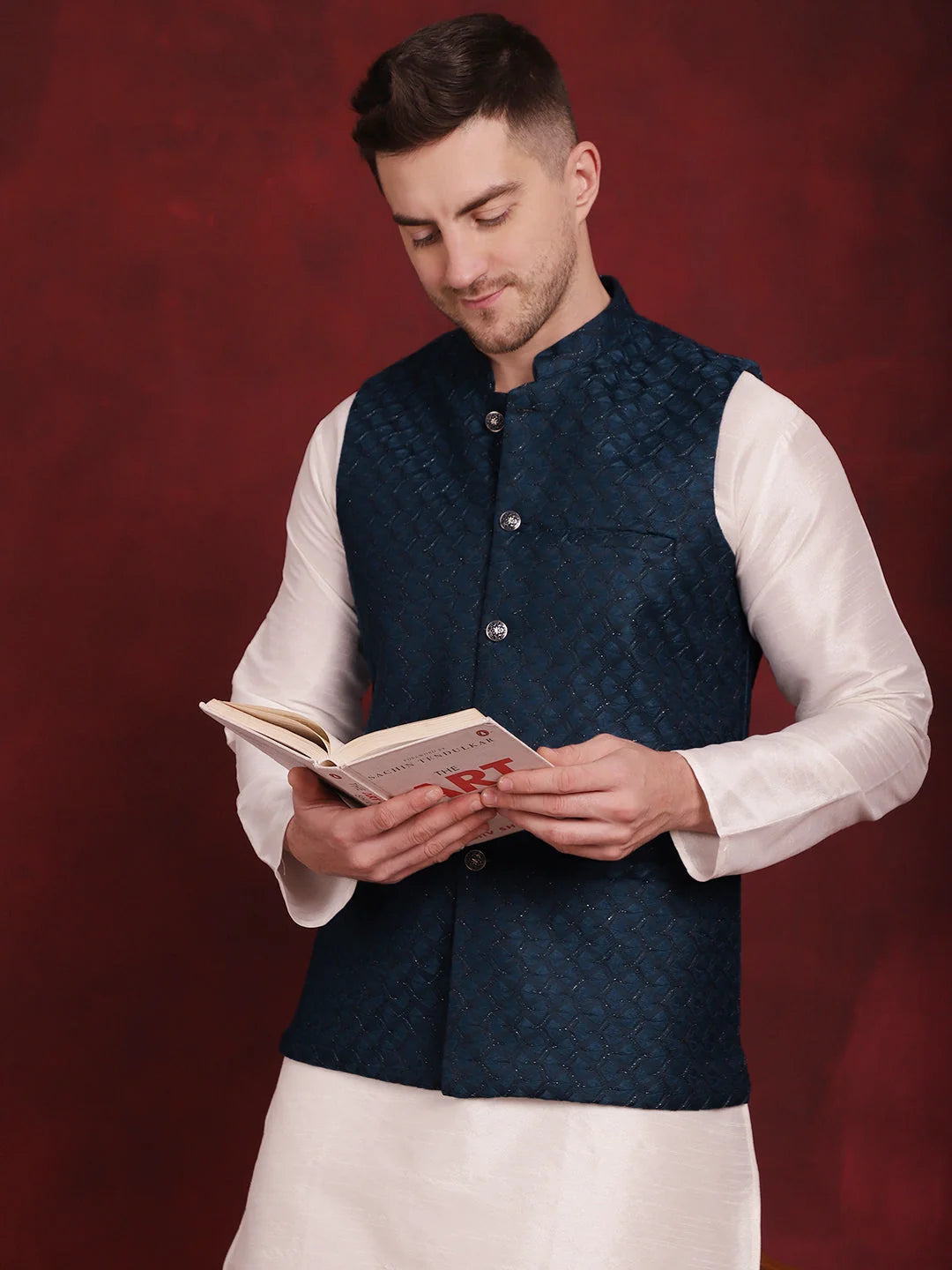 Blue Woven Design Nehru Jacket With Kurta Pyjama Set ( JOKPWC 636W 4091Peacock )
