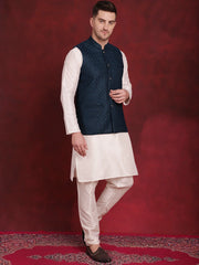 Blue Woven Design Nehru Jacket With Kurta Pyjama Set ( JOKPWC 636W 4091Peacock )
