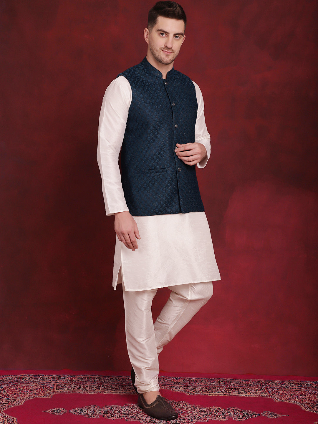 Blue Woven Nehru Jacket Mens Kurta Pajama Set - Cotton