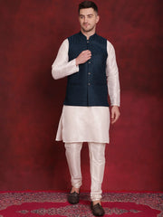 Blue Woven Design Nehru Jacket With Kurta Pyjama Set ( JOKPWC 636W 4091Peacock )