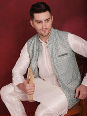 Green Woven Design Nehru Jacket With Kurta Pyjama Set ( JOKPWC 636W 4091Pista )