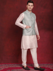 Green Woven Design Nehru Jacket With Kurta Pyjama Set ( JOKPWC 636W 4091Pista )