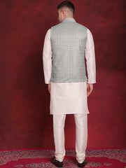 Green Woven Design Nehru Jacket With Kurta Pyjama Set ( JOKPWC 636W 4091Pista )