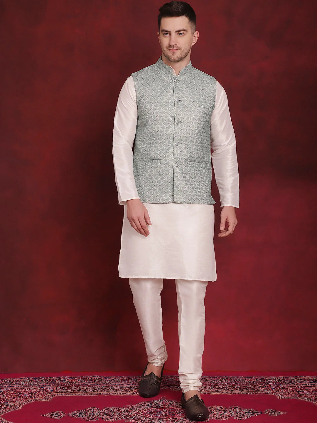 Shop Green Nehru Jacket Kurta Pajama Set | Mens Kurta Pajama