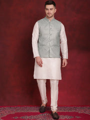 Green Woven Design Nehru Jacket With Kurta Pyjama Set ( JOKPWC 636W 4091Pista )