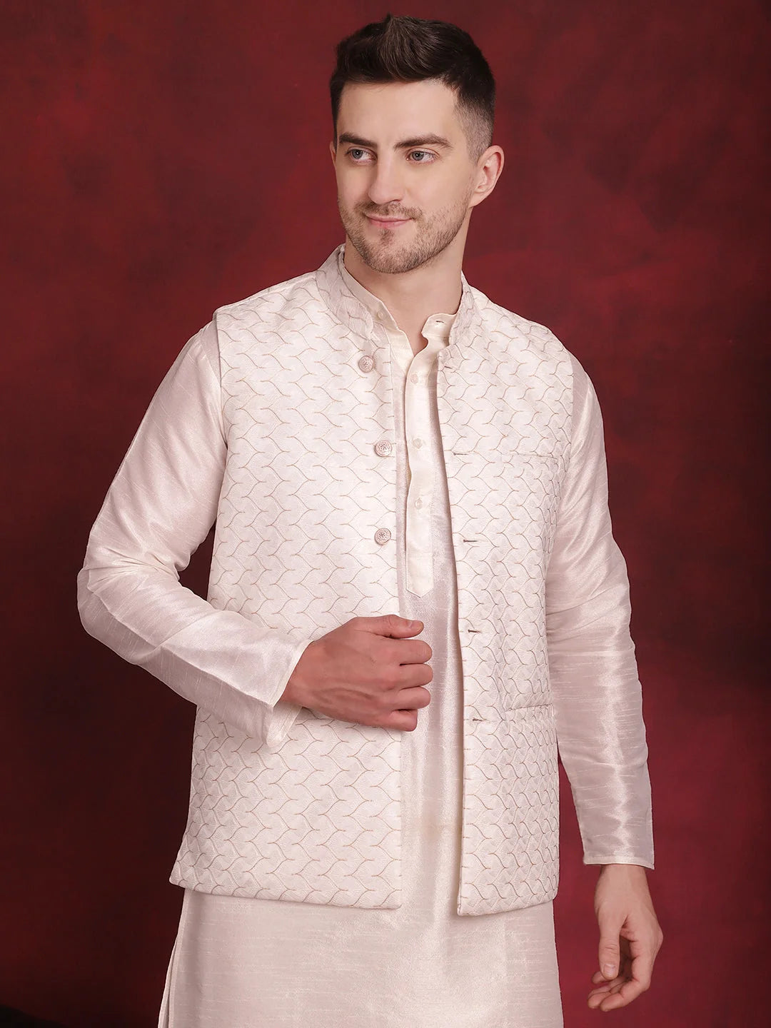 White Woven Nehru Jacket with Kurta Pajama Set | Mens Ethnic