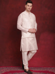 White Woven Design Nehru Jacket With Kurta Pyjama Set ( JOKPWC 636W 4091White )