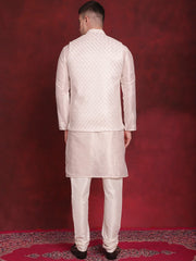 White Woven Design Nehru Jacket With Kurta Pyjama Set ( JOKPWC 636W 4091White )