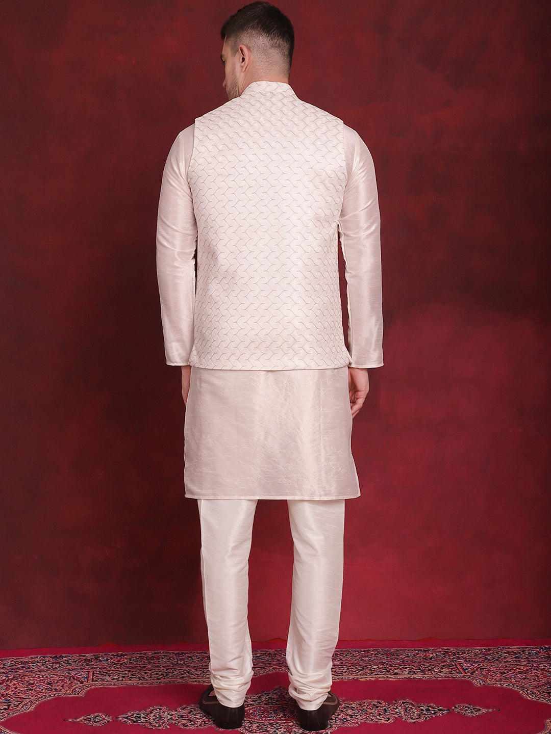 White Woven Nehru Jacket with Kurta Pajama Set | Mens Ethnic